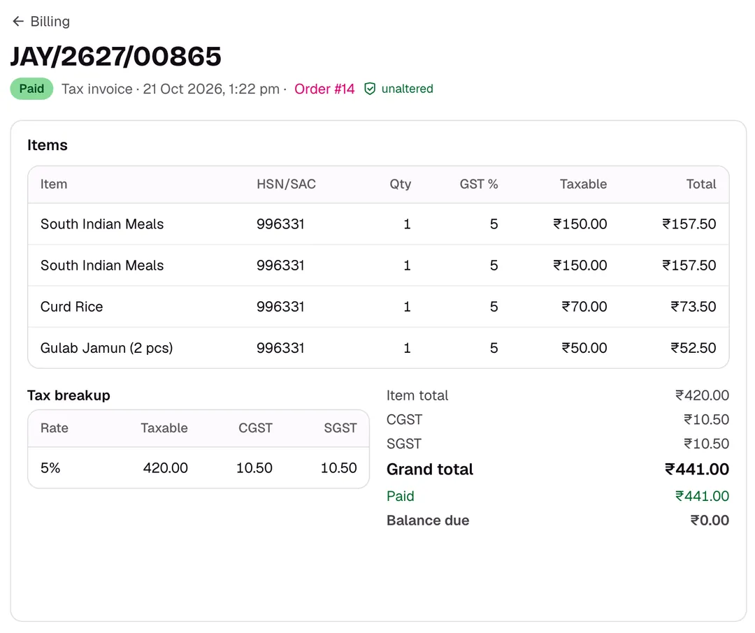A paid tax invoice in Apron for table T5: South Indian Meals, Curd Rice and Gulab Jamun, 5% GST split into CGST and SGST, grand total ₹441.00, balance zero.