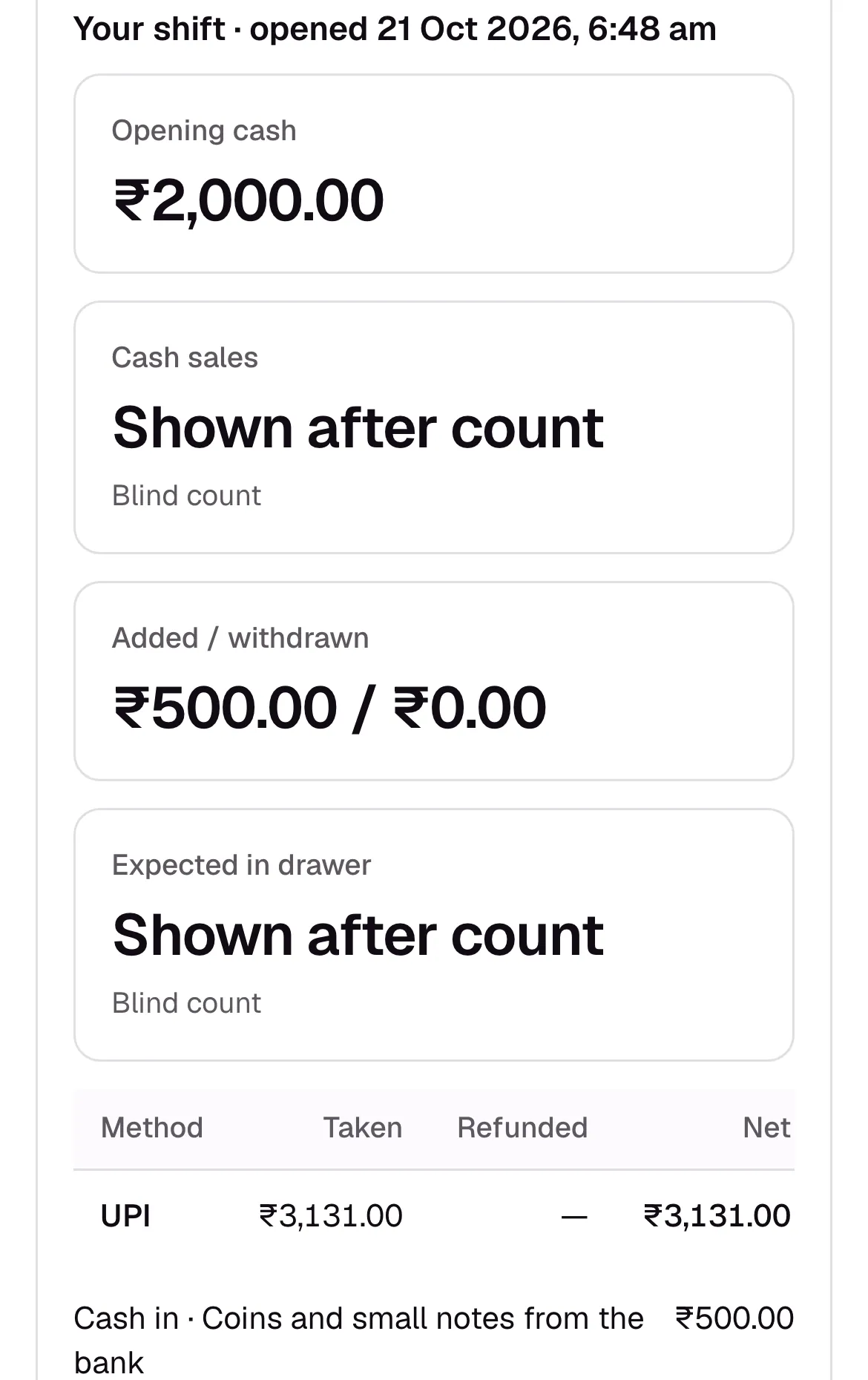 An open cash shift on a phone, with expected cash shown only after the count.