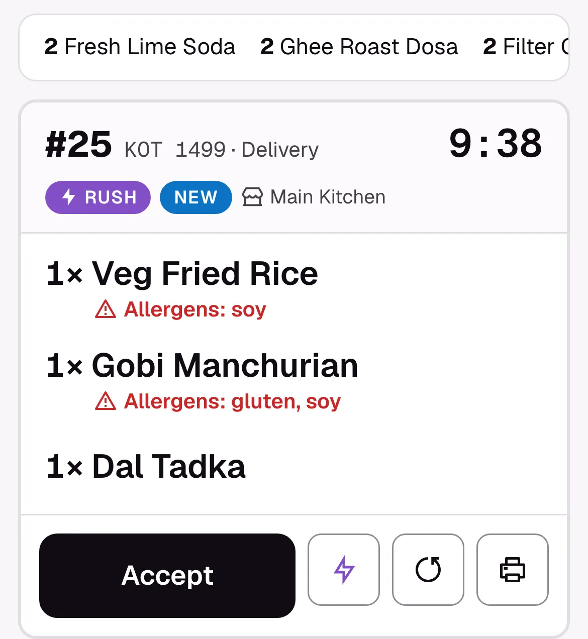 Apron's kitchen display on a phone: a new rush delivery ticket for the main kitchen with allergens and an Accept button.