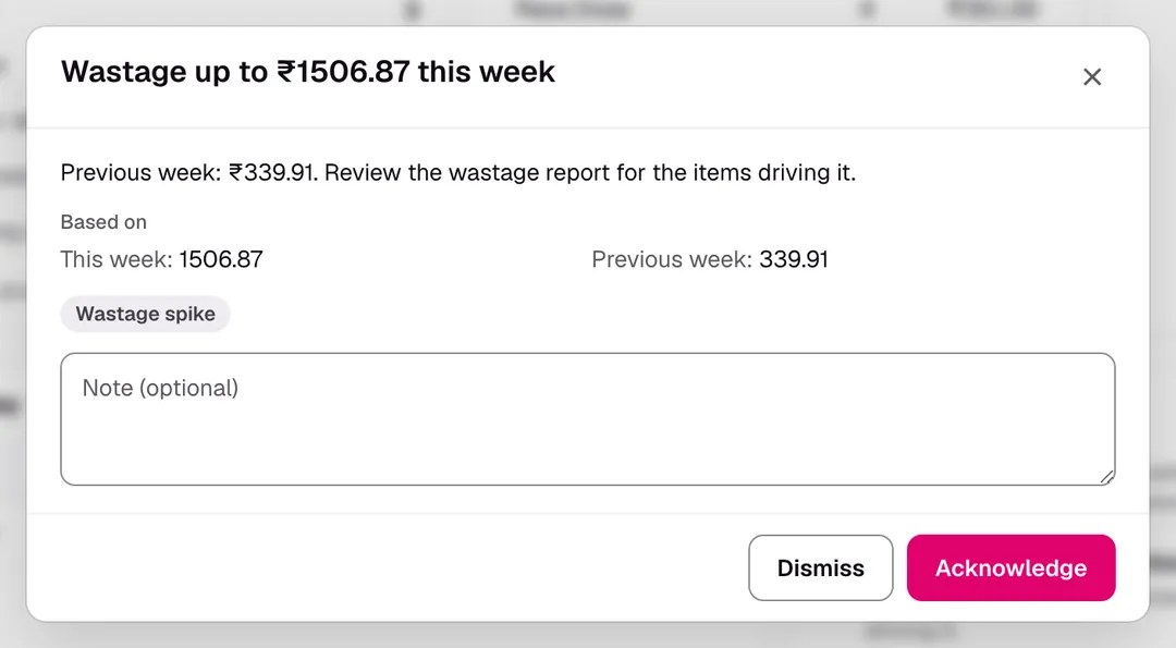 A suggestion on Apron's dashboard: wastage up this week compared with the previous week, with Dismiss and Acknowledge.